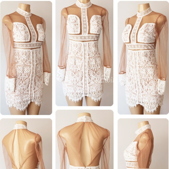 Ivory Nude Crochet Lace Mock Illusion Sheath Dress - Picture 7 of 8